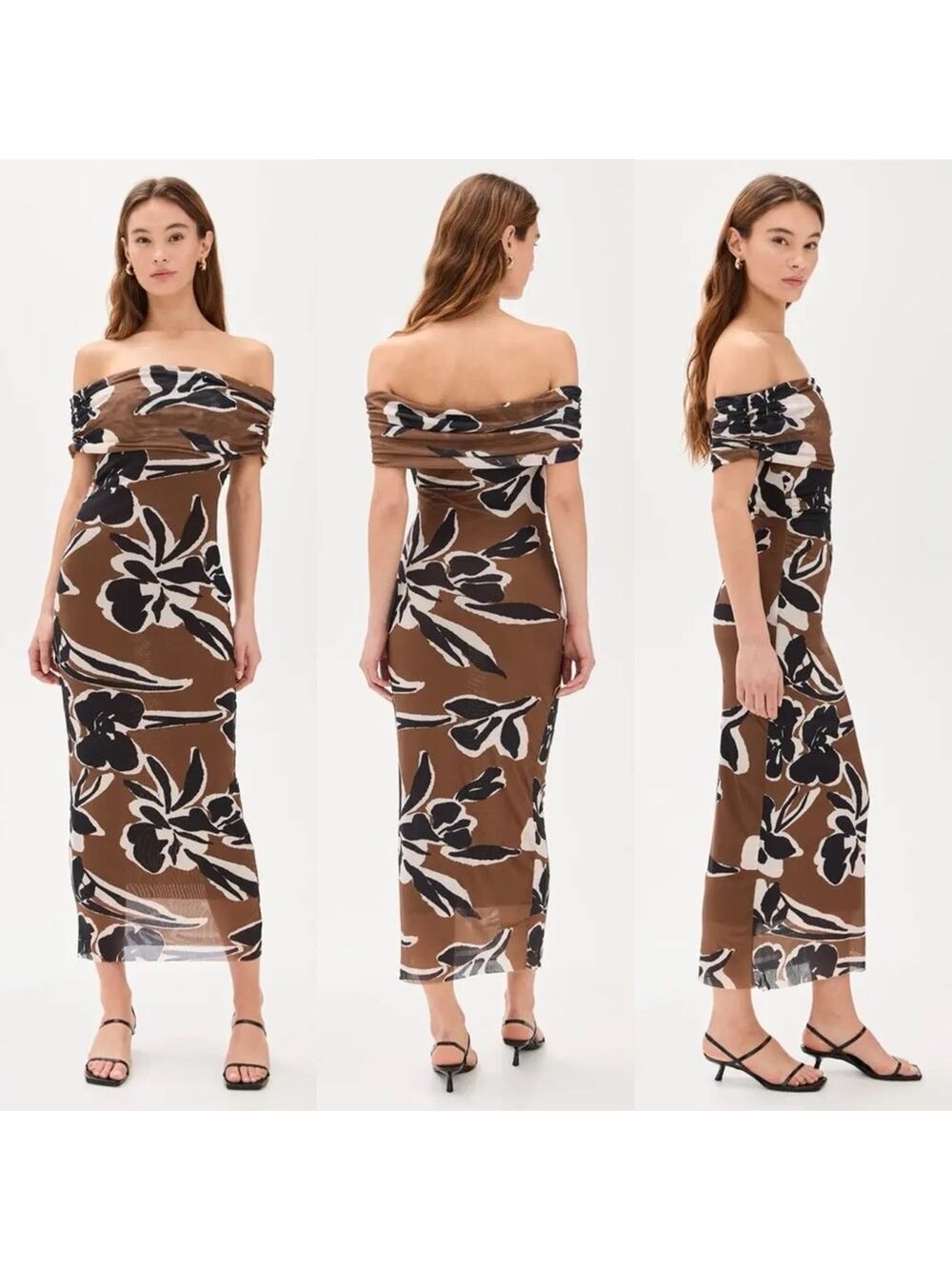 Cleobella Cordelia Ankle Dress Brown Black Floral Off Shoulder Mesh‎ Midi Resort